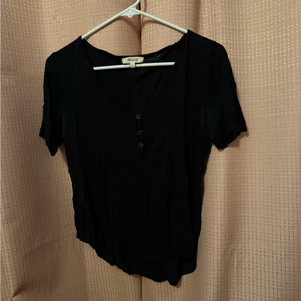 Madewell Black Short Sleeve v neck Button-Up Top